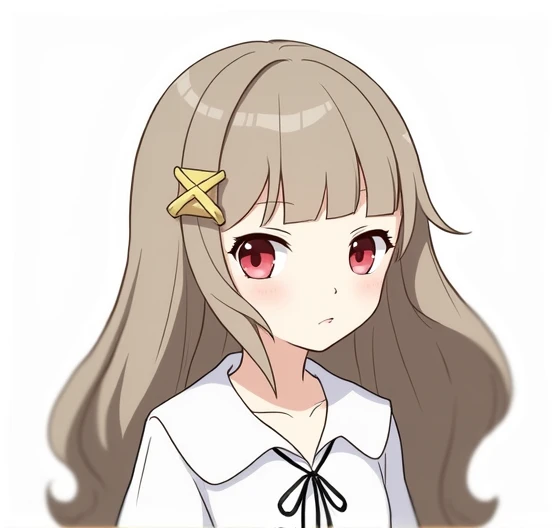 *I am a girl I have long dark brown hair, with straight cut bangs she has a light brown tone the rest of her hair is dark brown I have red eyes, on my head and I use an “X” shaped clip on my bangs, what complements your look* 