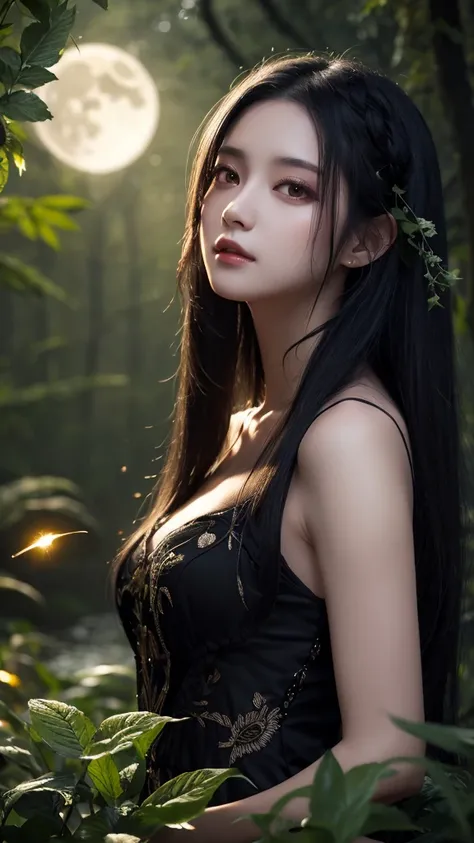 masterpiece, 最high quality, night, stream, full moon, Long black hair, woman, performer, Mysterious Forest, high quality, Beautiful graphics, Attention to detail, firefly