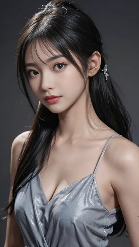 Commercial filming studio,The background is all Gray, Long Black dress,Commercials for luxury cosmetics style,Close-up of face,The highest image quality, High quality, the background is clear,Beautiful woman, Japanese,Ultra-detailed, finely detail, hight r...