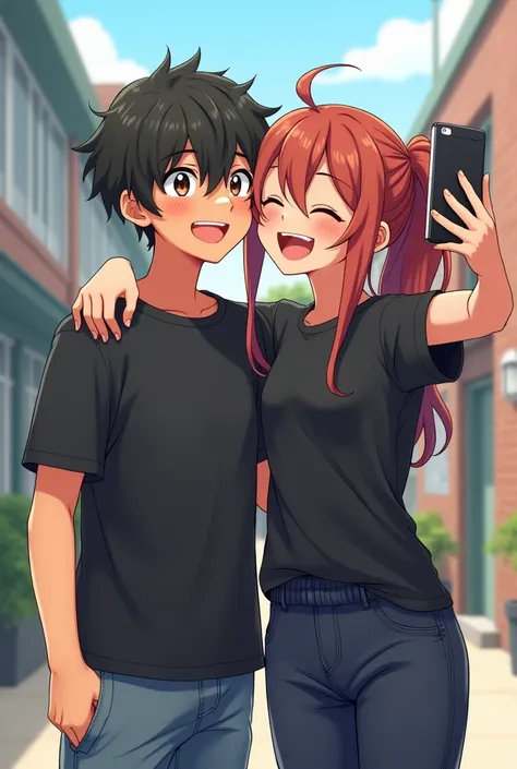 A boy is standing close to girl and they taking a selfie in anime frame boy is little bit taller than girl like 1 inch and he has taken his hand on girls shoulder and they are giggling they are just good friends in school and both of them wear a black shir...