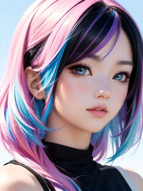 A girl with colorful hair and a black top is looking at the camera, rossdraws pastel vivid, rossdraws cartoon vibrant, Lost draw 1. 0, Lost Draw 2. 0, art germ colorful!!!, Anime Style 4k, Painting a portrait of Ross, Stunning Anime Face Portraits, Great a...