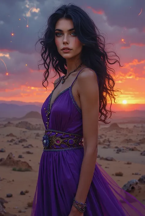 young woman, beautiful, A gypsy with wavy black hair, with purple gypsy dress. decorated with magic. The air is charged with a sense of magic and divination. The setting sun casts long shadows over this desolate landscape., with shooting stars in the backg...