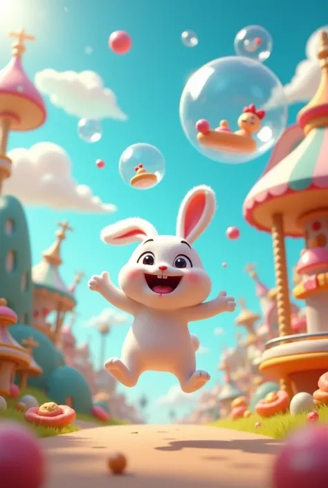 Benny the white rabbit.   Benny blows more bubbles, each one doing something wacky 3d cartoons