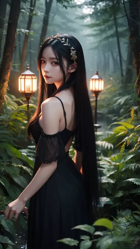 masterpiece, 最high quality, night, stream, firefly, Long black hair, woman, performer, Mysterious Forest, high quality, Beautiful graphics, Attention to detail, 