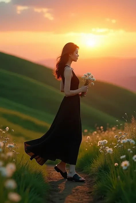 cinematic of an asian woman, wearing a black dress, black sandals carrying daisy flowers, walking on a green hill, sunset