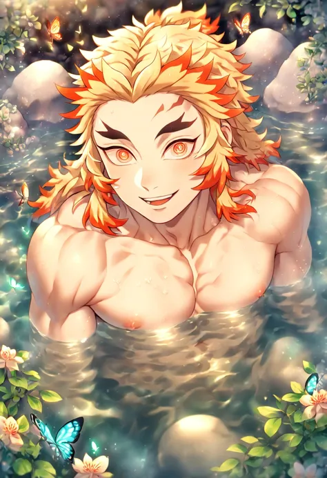 absurdres, highres, ultra detailed, HDR, master piece, best quality, detailed face, delicated features, detailed eyes, Rengoku Kyoujurou, blonde hair, expressive orange eyes, Kimetsu No Yaiba, solo, sexy man, handsome, sensual, adult face, smile, sitting, ...