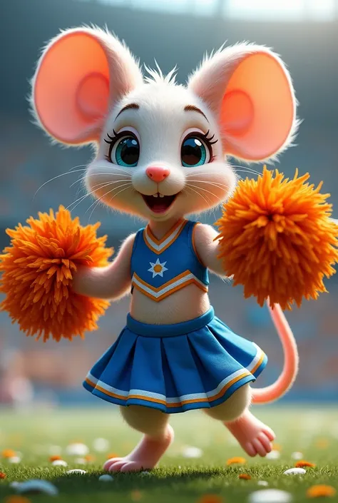 Cheerleader spotted mouse animal in blue outfit, orange and white with pompom