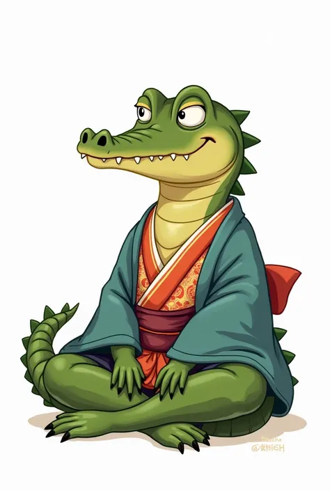 Alligator in 2d non-realistic cartoon style, wearing a kimono and sitting in a position called agura or cross-legged with a white background