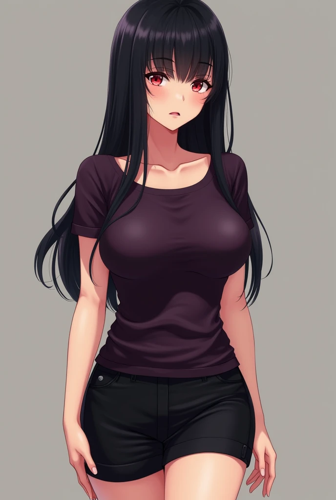 A thicc anime MILF with long black straight hair, dark red eyes, dark purple t-shirt black mini skirt