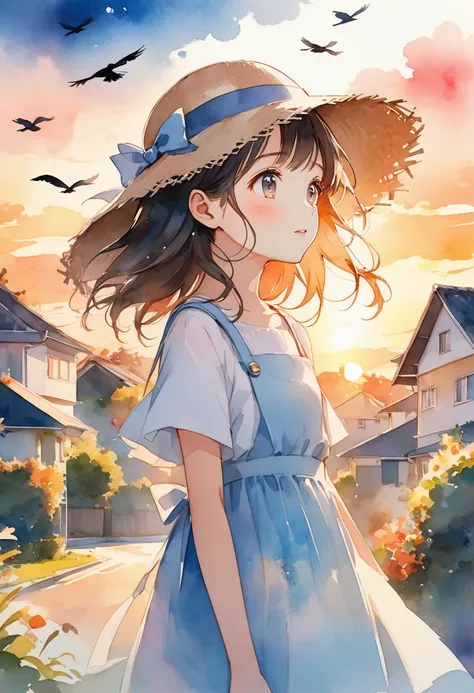 sunset, crows flying in the sky, girl looking up, girl wearing a straw hat, the background is a residential area, Watercolor style, illustrazione in stile anime