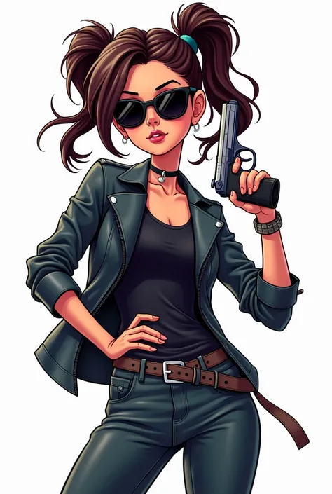 ((comic art)), (cartoon style) a  girl with cool sunglasses, a black leather jacket and a pistol in her right hand The image has a white background 