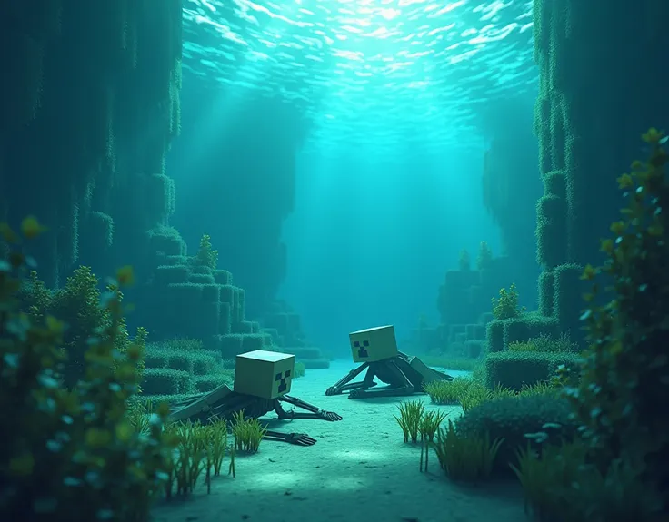 Minecraft under ocean world, there are minecraft skeleton on the ground, there are minecraft plants in water