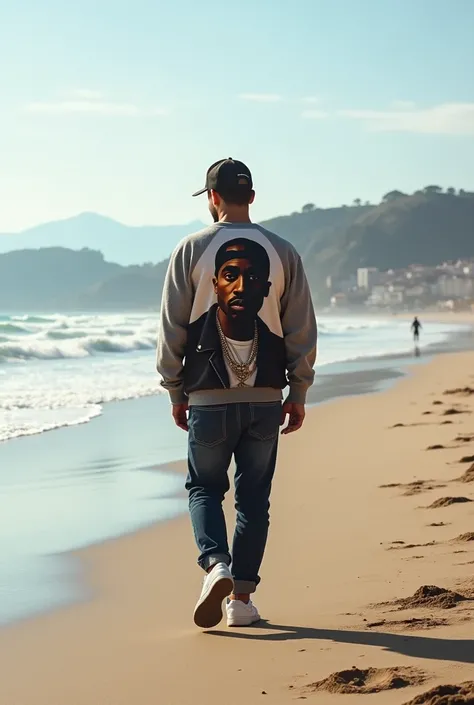 man walking from behind on the beach of Biarritz with a cap and a tupac sweater