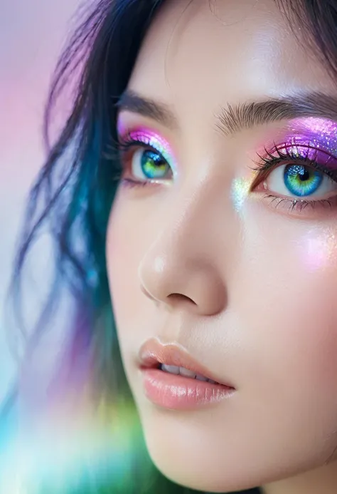 
"A close-up of a Japanese womans eye, reflecting stunning, crystal-like colors that shimmer in a spectrum of rainbow hues. The vibrant, iridescent colors — blues, pinks, greens, and purples — create a magical, otherworldly effect. The reflection in her ey...