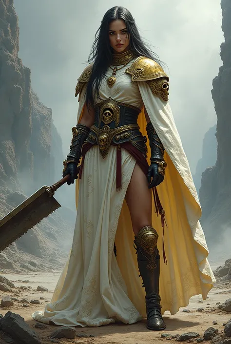 ((plano general, body completo:1.4)), ((pay attention beautiful woman religious robe and heavy armor :1.6, colores white with gold pattern ,Beautiful ornaments in the form of skulls:1.5)) warhammer 40000, woman, black hair, zealot, crazy eyes, huge saw, ((...