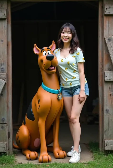 photography, real life full body portrait of scooby doo in the woodshed, symmetrical, very detail, fine, sharp focus, scooby doo leaning on the chest of a beautiful sexy japanese asian woman with a funny laughing expression. T-shirt with lots of small bana...