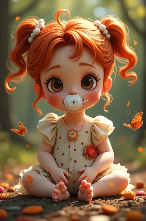 baby white girl with freckles with red hair and brown eyes, with hair in two parts tied with a pacifier in her mouth, sitting in the woods with a swirl around her and with lots of sweets around her and a butterfly