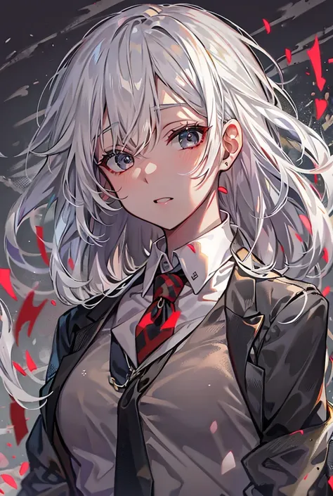 Textured skin, Highest quality, Shortcuts, Silver Hair, Grey Eyes, female,Wet Hair, Three white eyes, Medium Hair, Character portrait, Anime Style,Black Shirt,Black Suit,Unbuttoning,Red tie,Beige vest,Glare