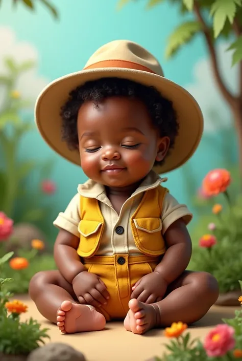 Black baby sitting with curly hair dressed in cartoon safari outfit 