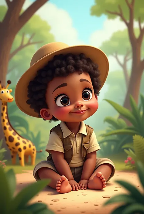 Black baby sitting with eyes open with curly hair dressed in cartoon safari outfit 