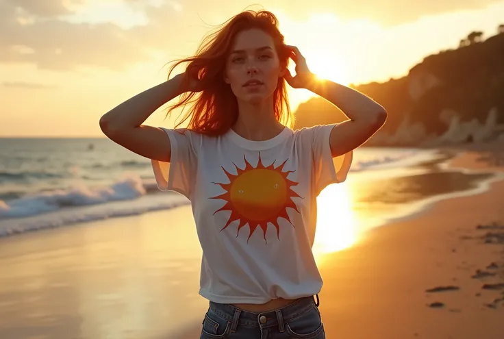 (photorealism:1.2) realistic photo of a slim and natural 20 year old Italian girl wearing a white short sleeve t-shirt, with a large sun design in the center and jeans pants, with red hair moved by the wind and blue eyes, with fair skin and small freckles ...