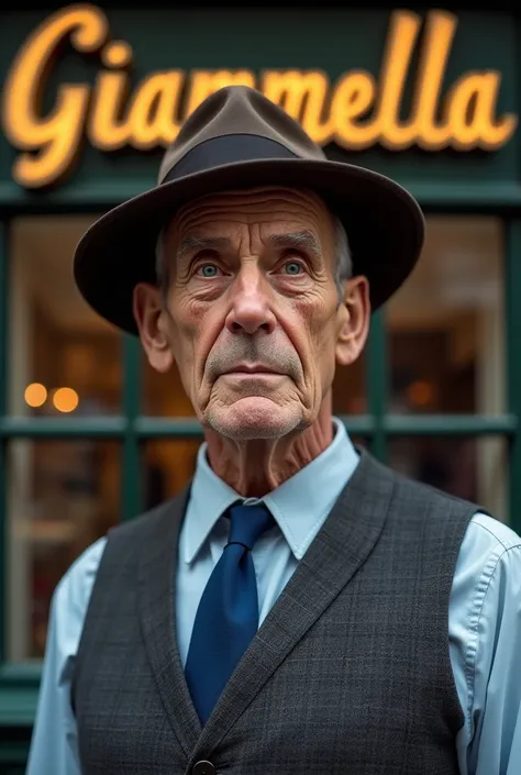 Could you generate me an image of a very old man?,without a beard, with a dark brown borsalino on his head,50&#39;s dress with jacket,blue tie and vest,thin,blue eyes,without hair and behind him a shop window with written "Giammella"?