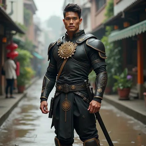 	30-year-old Thai man wearing a • shirt: Long-sleeved shirt made from modern, strong, yet flexible material, with a pattern of luminous yantra on the arms and chest. • Pants: Stretchy and durable pants that respond to quick movements • Armor: Light armor w...