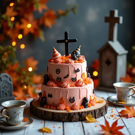 Enjoy your Beautiful and delicious 2 layer  cute funny pink orange Haunted graveyard cake with halloween items , at rustic wooden plate ,autumn dessert on white rustic table, fresh coffee , fairy lights bokeh, gren orange leaves , autumn items , AUTUMN con...