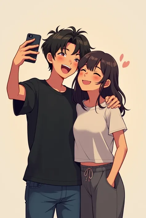 A boy is standing close to girl and they took selfie and they are giggling and boy is little bit taller than girl like 1 inch and boy has taken his hand on girls shoulder they are looking at the camera they have wear black shirt and tshirt and jeans and jo...