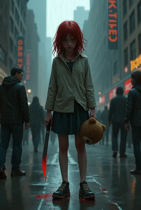 Red-haired girl stands with bloody hands in downtown New York, and holds a knife in one hand and a teddy bear&#39;s head in the other. It&#39;s raining outside. And passers-by offer the girl burgers