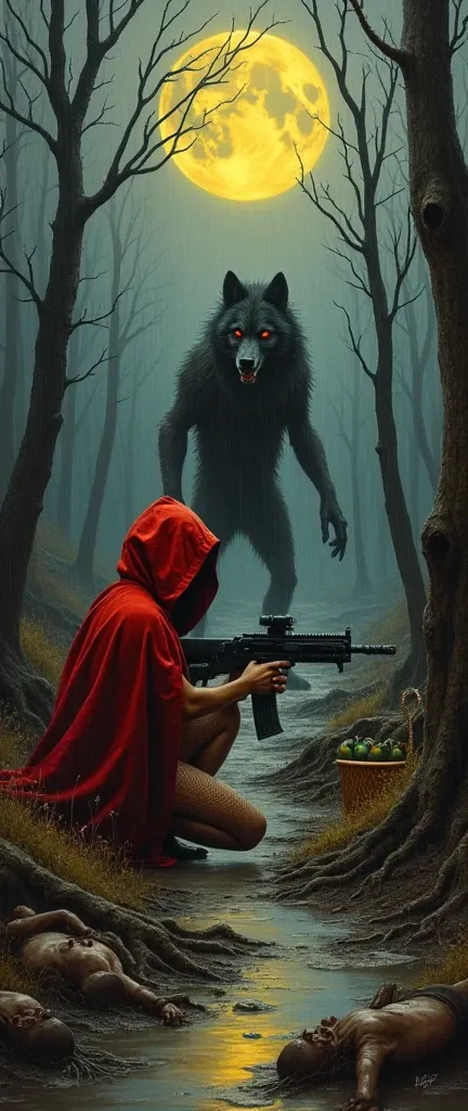 WORK OF ART OF THE HIGHEST LEVEL, oil painting, grimdark, IN THE FOREGROUND IS LITTLE RED RIDING HOOD, SHE WEARS A HOOD, SHE WEARS A REVEALING MICRO SKIRT, fishnet stocking, CAN&#39;T SEE HER FACE, SHE HOLDS A MACHINE GUN, SHE IS CROUCHING DOWN TAKING COVE...