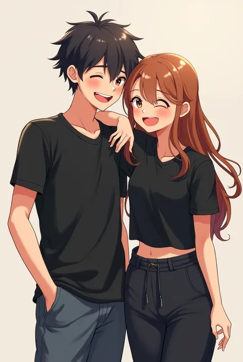 A boy is standing close to girl and they took selfie and they are giggling and boy is little bit taller than girl like 1 inch and boy has taken his hand on girls shoulder they are looking at the camera they have wear black shirt and tshirt and jeans and jo...