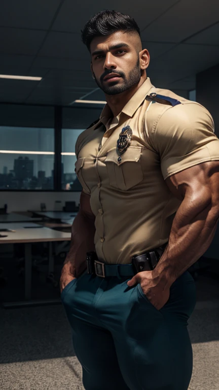 Seductive photograph with hands in pocket a indian latino mascular man in police officer uniform with huge bulge, light khaki color police uniform with angry eyes and face,gnashing teeth in anger, moaning and standing on road with lean on car in one hand a...