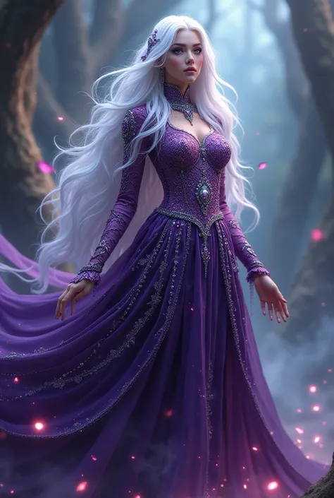 A witch dressed in purple with white hair and jewels all over her body 