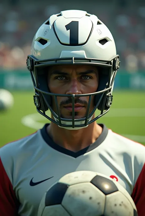 a number 1 on a helmet with a soccer ball 