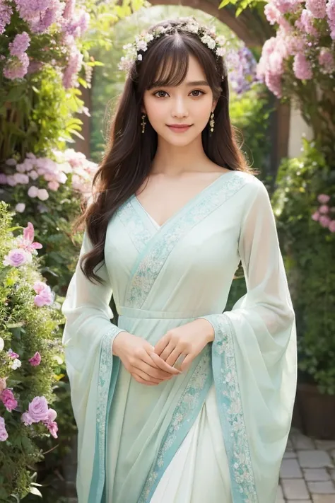 (Masterpiece) (ultra high resolution), (realistic photo) Japanese beautiful idol girl with flowing black hair and mesmerizing blue eyes, wearing an elegant white dress, big breats, standing in the midst of a vibrant garden filled with blooming flowers and ...