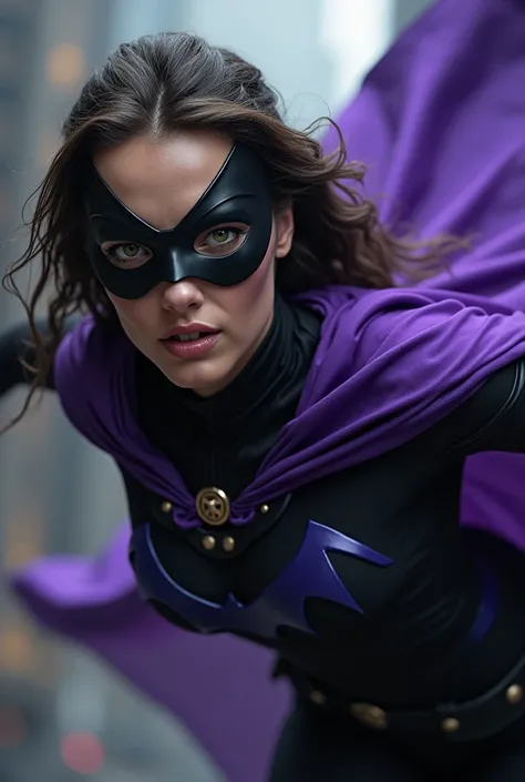 a beautiful female purple-caped superhero with a black superhero mask covering just the area around the superheros eyes, the superhero is falling under the influence of a villain, the superhero becoming evil, taking a realistic photo