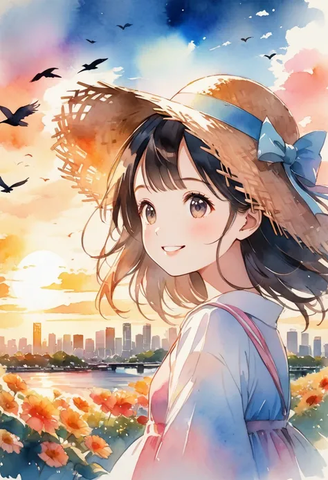 Sunset, crows flying in the sky, smiling girl looking up, girl with straw hat, Tokyo cityscape in background, watercolor style, anime style illustration