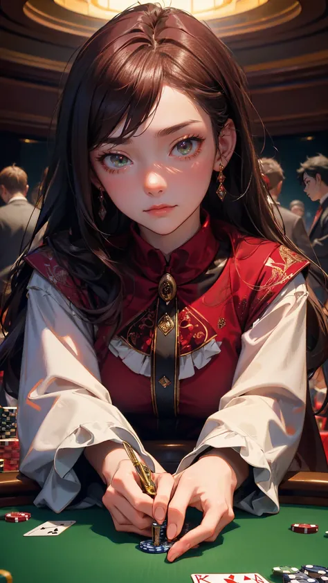 Ultra-sharp, hyper-detailed casino scene focusing on a 20-year-old Japanese anime-style woman making an all-in bet. Every element is rendered with extreme clarity and precision. The woman leans intently over a vividly textured green felt poker table, her e...