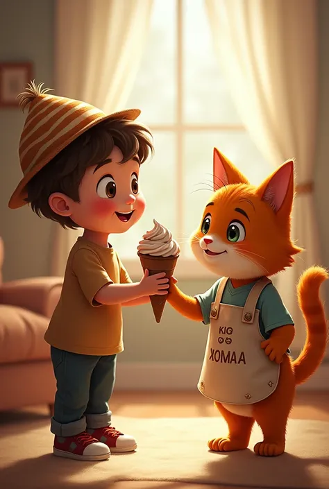 Create a realistic drawing of a child named Max receiving a gift from an orange cat Leo wearing a typical ice cream seller&#39;s hat and apron while holding his chocolate marshmallow ice cream..