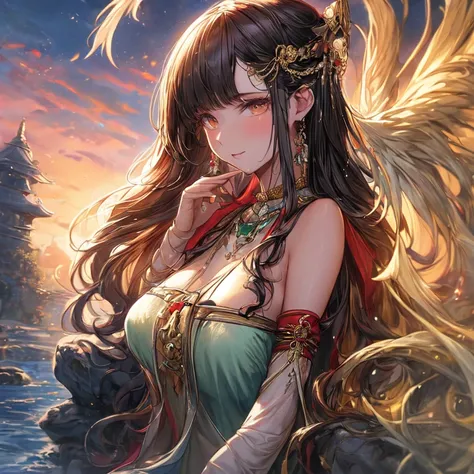 An oil painting of an upper body, a masterpiece with the best quality and high resolution. The model has long brown hair and is wearing a jewelry hairpin. She has a big chest and is sitting on a river bank or a rock near a temple or bridge. The clothes she...