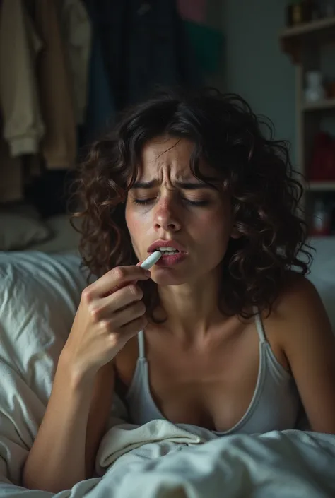 1 woman, curly-haired brunette taking a pill because she feels very bad in her messy room, focusing mostly on his face