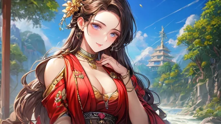 An oil painting of an upper body, a masterpiece with the best quality and high resolution. The model has long brown hair and is wearing a jewelry hairpin. She has a big chest and is sitting on a river bank or a rock near a temple or bridge. The clothes she...