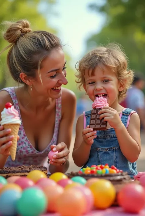 A vibrant image of a mother and her son enjoying a day at the park, both happily indulging in sweets. The mother is holding an ice cream cone in one hand and a bag of colorful candies in the other, while the son HAS A CHOCOLATE BAR and a handful of gummy b...