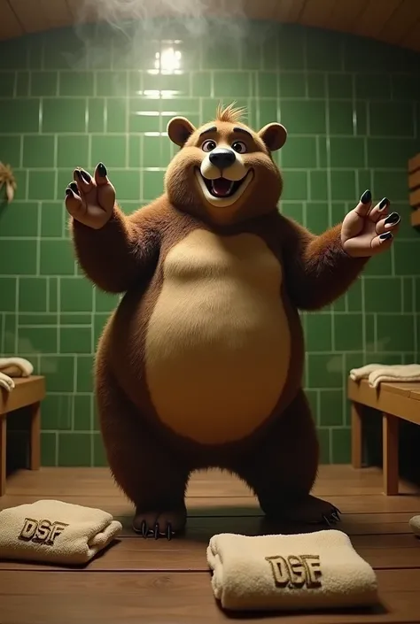 photorealistic, Baloo the bear from the Jungle Book dancing in a green tiled sauna, On the floor are towels with the letters "dsf" are embroidered. 