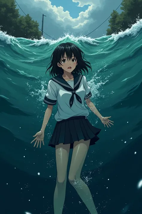 high school girl　Drowning　Anime Style