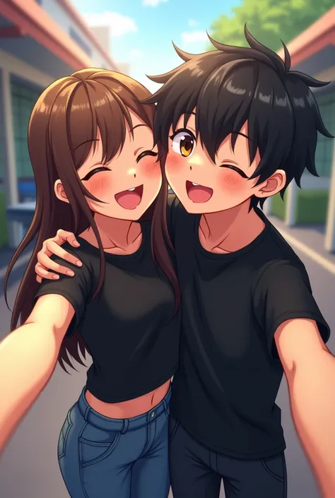 A boy is standing close to girl and they took selfie and they are giggling and boy is little bit taller than girl like 1 inch and boy has taken his hand on girls shoulder they are looking at the camera they have wear black shirt and tshirt and jeans and jo...