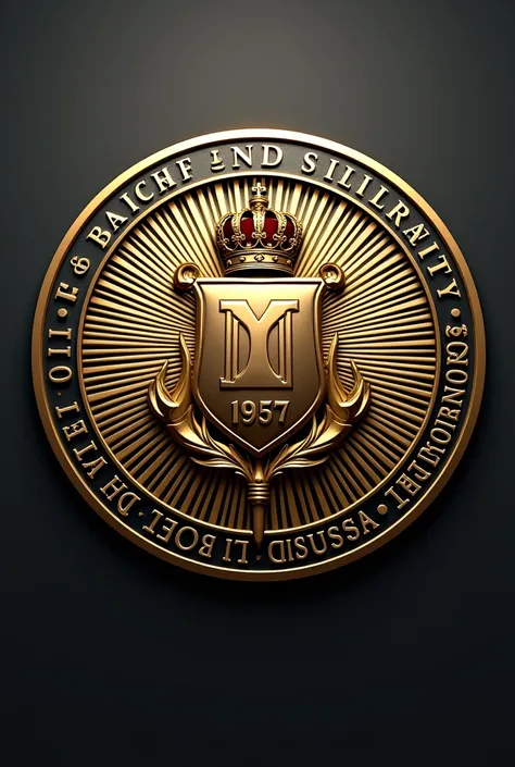 
- The seal has a circular shape with a gold sunburst design radiating outward.
- In the center, there is a gold shield emblem with a crown on top. The shield contains the Greek letters **ΒΓΦ (Beta Gamma Phi)**.
- Below the letters, there is an image of a ...