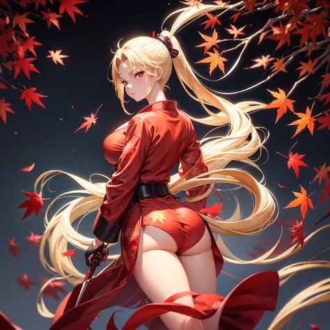 woman, 17 years, bright skin, medium blonde hair pulled back into a ponytail, Red eyes, red and white yukata with open legs and maple leaves, slim, nice legs, black belt, black gloves, red long coat, detailing,  perfect, red and black bracelets on legs and...