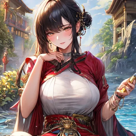 An oil painting of an upper body, a masterpiece with the best quality and high resolution. The model has long brown hair and is wearing a jewelry hairpin. She has a big chest and is sitting on a river bank or a rock near a temple or bridge. The clothes she...